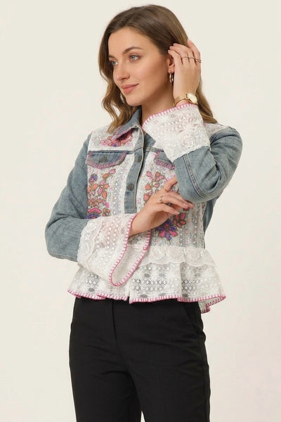 EMBROIDERED LACE & SEQUIN 100% COTTON DENIM PEPLUM JACKET