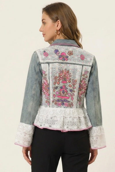 EMBROIDERED LACE & SEQUIN 100% COTTON DENIM PEPLUM JACKET