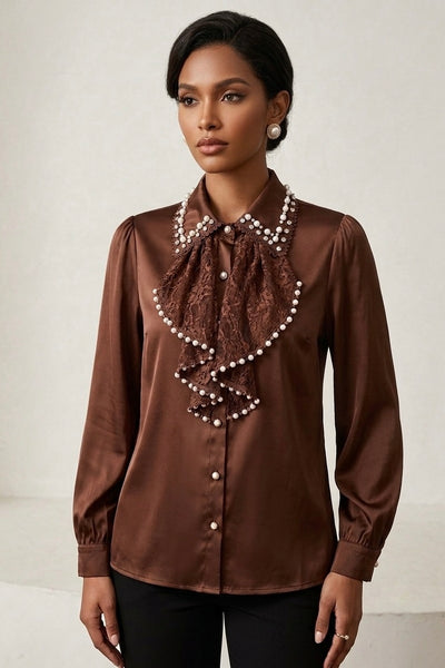 Elegant Brown Satin Lace Ruffled Blouse with Pearl Collar