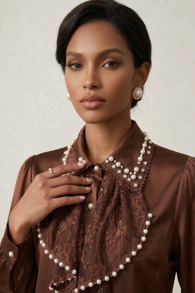 Elegant Brown Satin Lace Ruffled Blouse with Pearl Collar