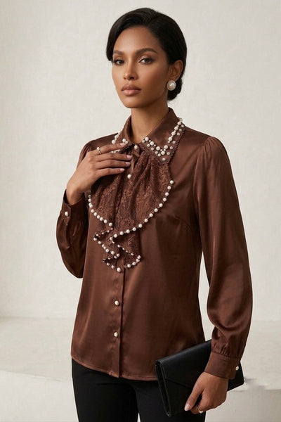 Elegant Brown Satin Lace Ruffled Blouse with Pearl Collar