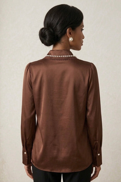 Elegant Brown Satin Lace Ruffled Blouse with Pearl Collar