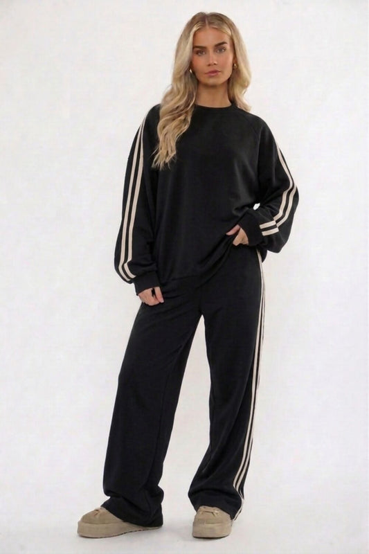 BLACK STRIPED OVERSIZED TRACKSUIT SET