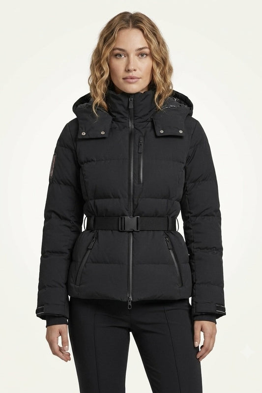 A woman modeling a black hooded puffer jacket with a front zipper, snap details on the chest, and a matching black belt, set against a plain off-white studio background.