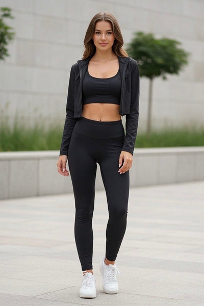 3-Piece Black Seamless Yoga Set - Sports Bra, Leggings & Zip Jacket