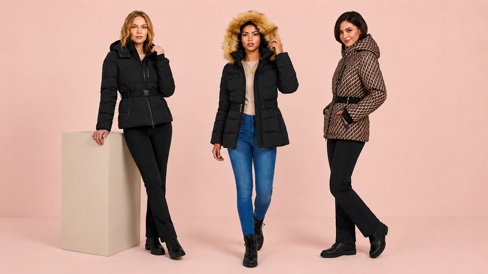 Three women modeling winter jackets in a studio setting with a light pink background. The woman on the left wears a black belted puffer jacket and black pants, leaning against a beige block.