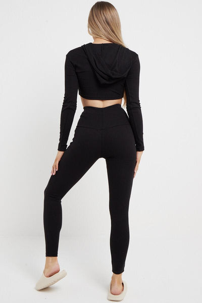 FITTED RIBBED CROPPED HOODIE LOUNGEWEAR SUIT - BLACK