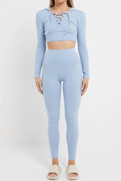 FITTED RIBBED CROPPED HOODIE LOUNGEWEAR SUIT - BLUE