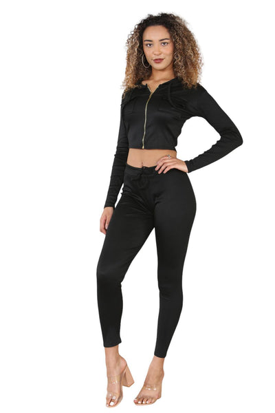 FITTED LYCRA RIBBED LOUNGEWEAR SUIT - BLACK