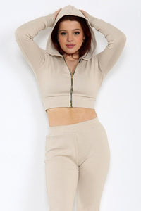 FITTED RIBBED CROPPED JACKET LOUNGEWEAR SET - BEIGE