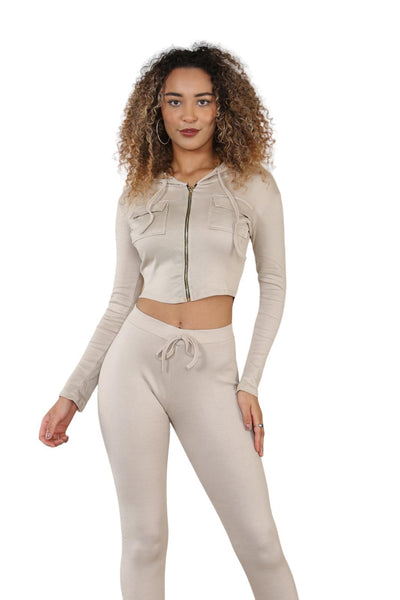 FITTED LYCRA RIBBED LOUNGEWEAR SUIT - BEIGE