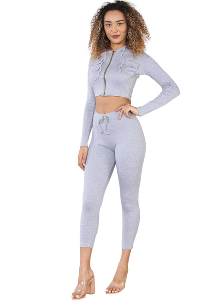 FITTED LYCRA RIBBED LOUNGEWEAR SUIT - GREY
