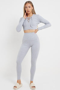FITTED RIBBED CROPPED HOODIE LOUNGEWEAR SUIT - GREY