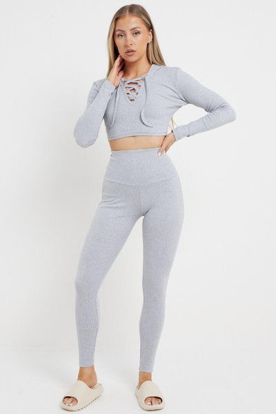 FITTED RIBBED CROPPED HOODIE LOUNGEWEAR SUIT - GREY