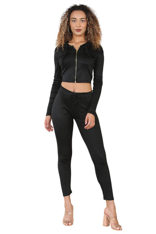 FITTED LYCRA RIBBED LOUNGEWEAR SUIT - BLACK