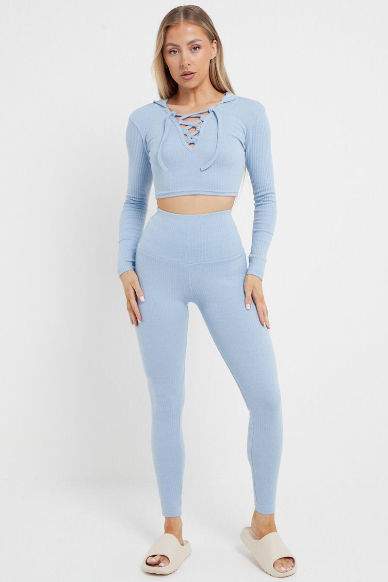 FITTED RIBBED CROPPED HOODIE LOUNGEWEAR SUIT BLUE