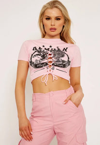 GRAPHIC PRINT LACE UP CROP TOP - PINK
