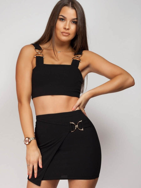 WRAP OVER GOLD BUCKLE SKIRT & TOP CO-ORD SET - BLACK