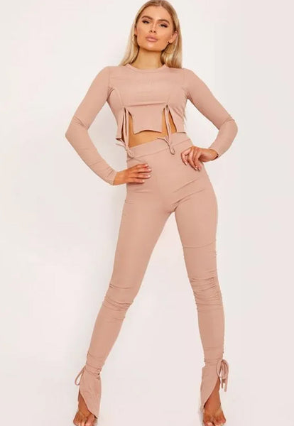 RIBBED RUCHED SLIT CROP TOP & TROUSERS LOUNGEWEAR SET - BEIGE