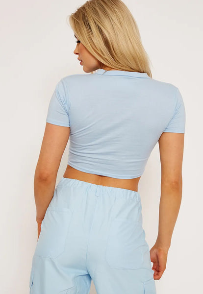 GRAPHIC PRINT LACE UP CROP TOP - BLUE