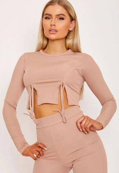 RIBBED RUCHED SLIT CROP TOP & TROUSERS LOUNGEWEAR SET - BEIGE