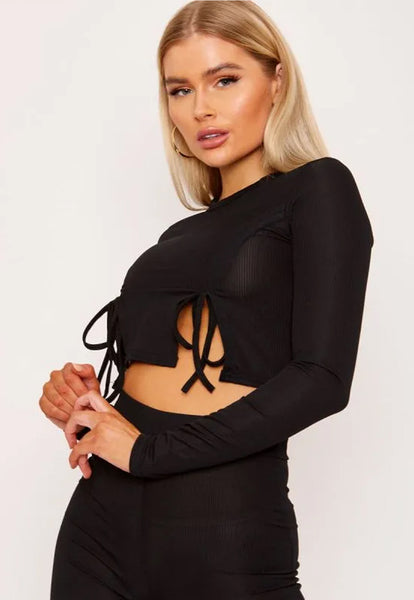 RIBBED RUCHED SLIT CROP TOP & TROUSERS LOUNGEWEAR SET - BLACK