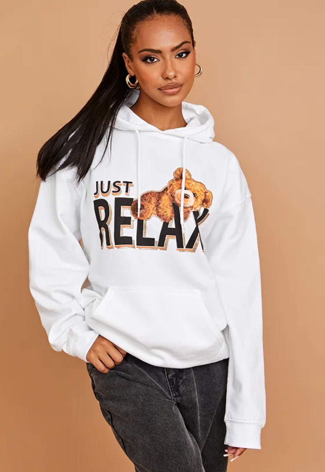JUST RELAX GRAPHIC PRINT HOODIE TOP - WHITE