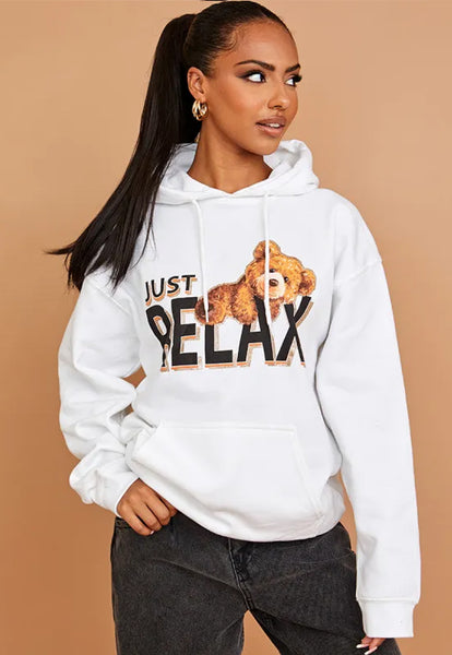 JUST RELAX GRAPHIC PRINT HOODIE TOP - WHITE