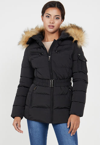 PADDED BELTED FAUX FUR QUILTED JACKET - BLACK