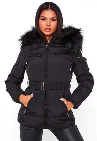 Black coat with cheap hood and belt