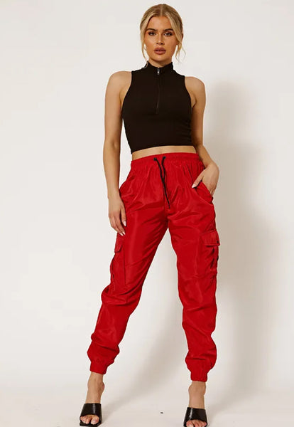 LIGHTWEIGHT SHELL CARGO JOGGERS TROUSERS - RED