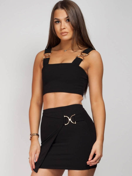 WRAP OVER GOLD BUCKLE SKIRT & TOP CO-ORD SET - BLACK