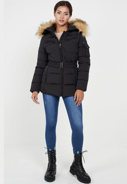 PADDED BELTED BLACK FAUX FUR QUILTED JACKET - BLACK