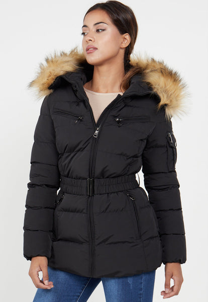 PADDED BELTED BLACK FAUX FUR QUILTED JACKET - BLACK