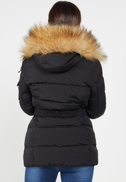 Quilted Padded Jacket with brown fur trim in black colour