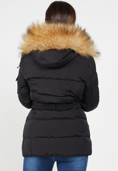 PADDED BELTED FAUX FUR QUILTED JACKET - BLACK