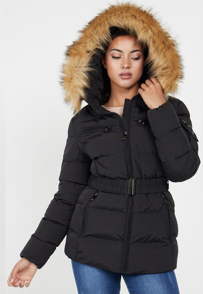 PADDED BELTED BLACK FAUX FUR QUILTED JACKET - BLACK