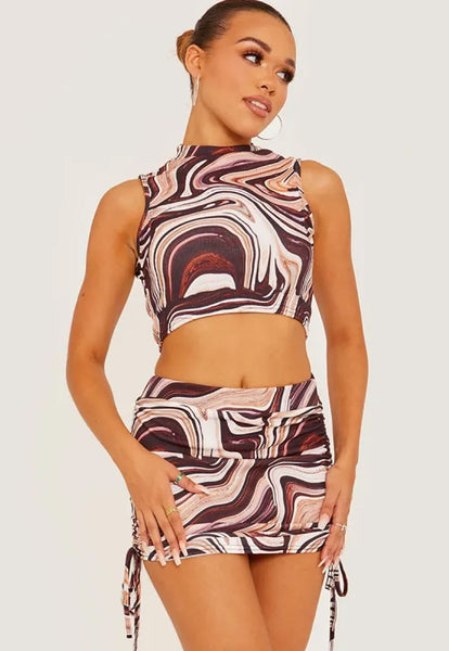 MARBLE PRINT CROP TOP & RUCHED SKIRT CO-ORD SET - STONE