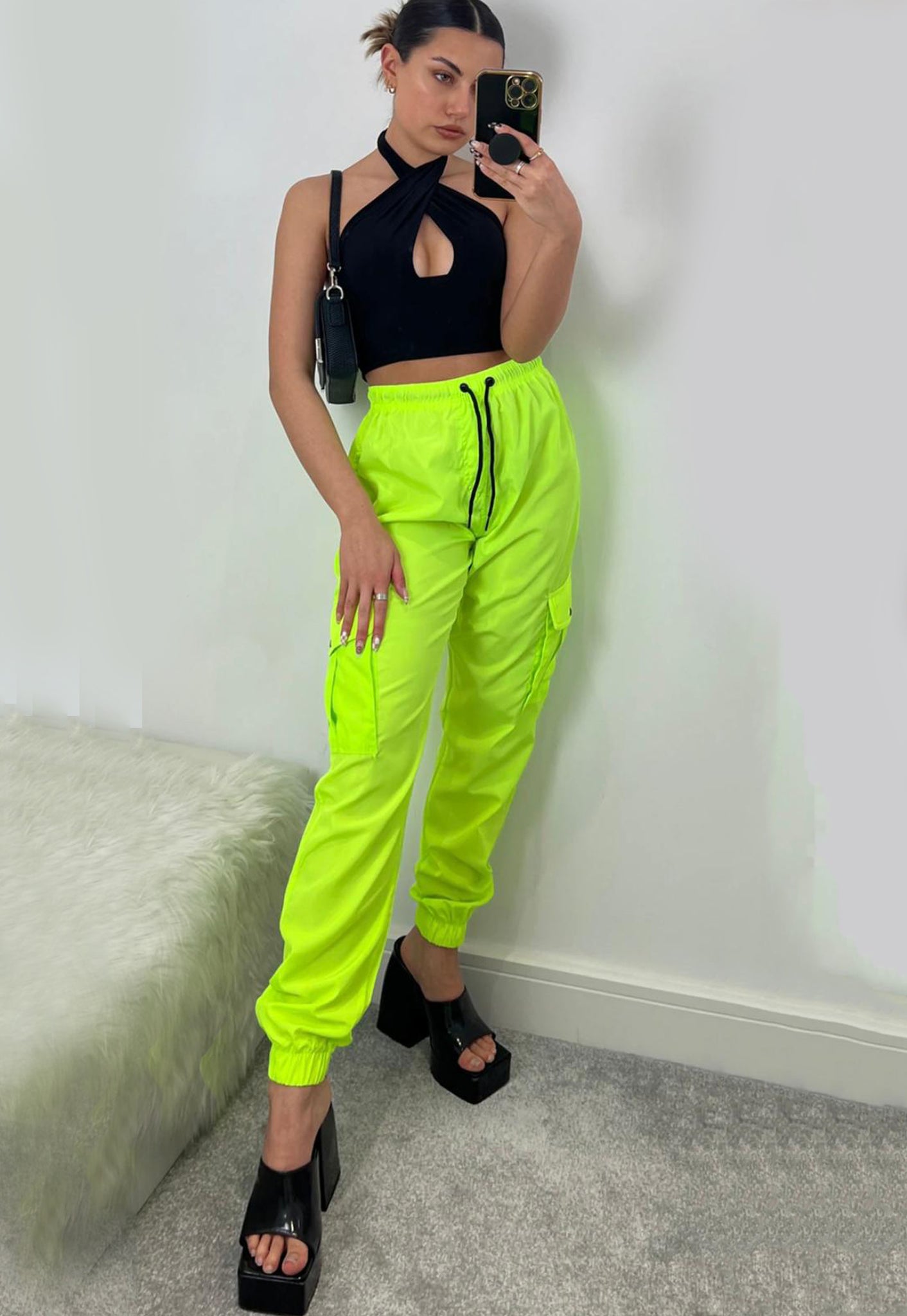 LIGHTWEIGHT SHELL CARGO JOGGERS TROUSERS - NEON GREEN – Miss Guilty