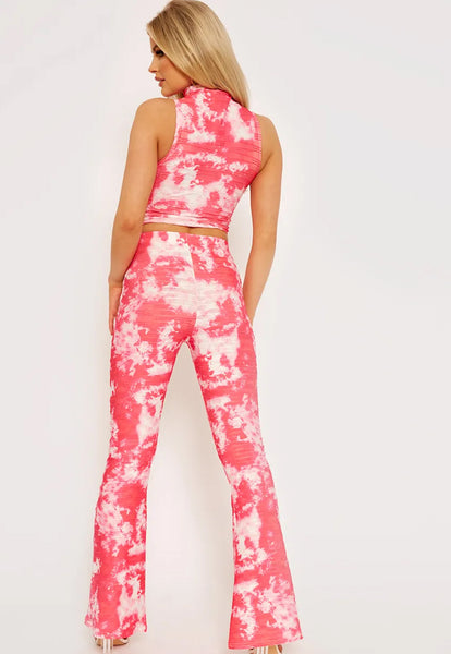 TIE-DYE PLEATED FITTED CROP TOP & FLARED TROUSERS CO-ORD SET - PINK