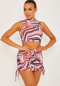 MARBLE PRINT CROP TOP & RUCHED SKIRT CO-ORD SET - CORAL