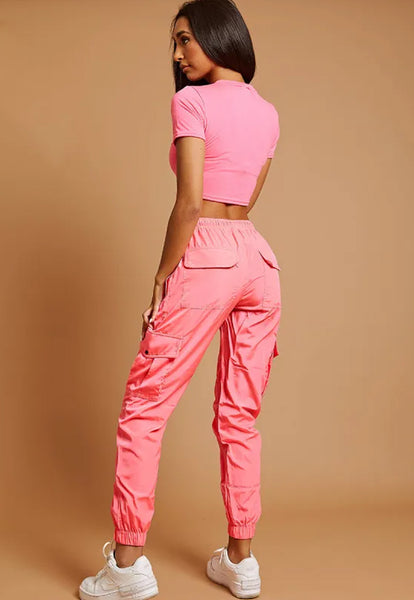LIGHTWEIGHT SHELL CARGO JOGGERS TROUSERS - NEON PINK
