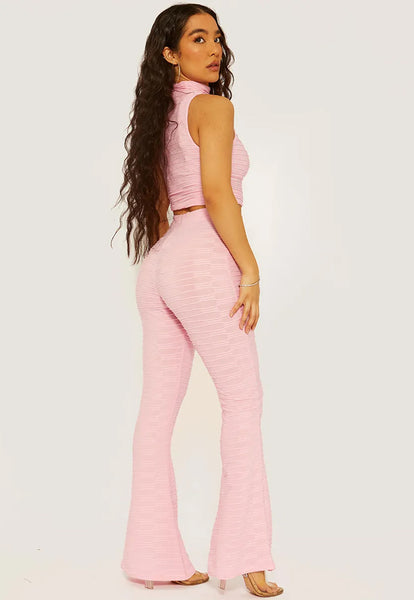 PLEATED FITTED CROP TOP & FLARED TROUSERS CO-ORD SET - PINK