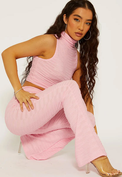 PLEATED FITTED CROP TOP & FLARED TROUSERS CO-ORD SET - PINK