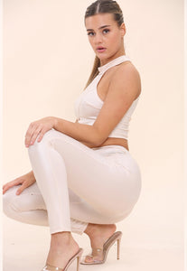 HALTERNECK PU LEATHER CROP TOP & FITTED TROUSERS SET - CREAM