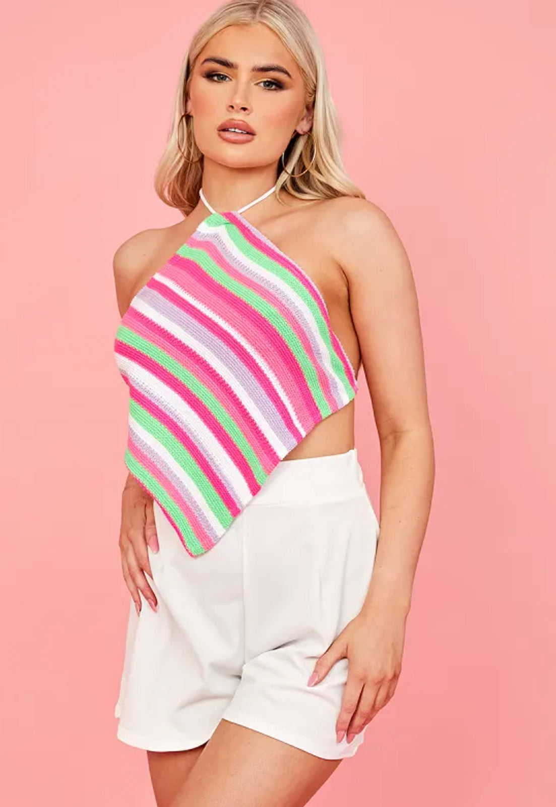 STRIPED WAFFLE KNIT TIE BACK BANANA TOP - PINK
