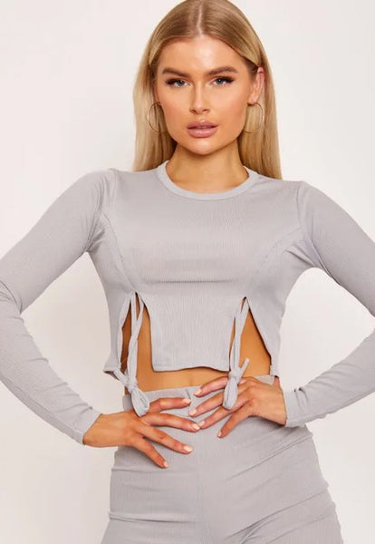 RIBBED FITTED RUCHED SLIT CROP TOP & TROUSERS LOUNGEWEAR SET - GREY
