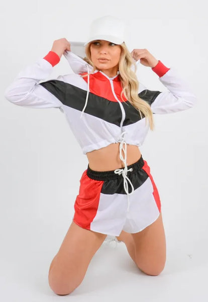 BLOCK CROPPED JACKET & SHORTS CO-ORD SET - RED