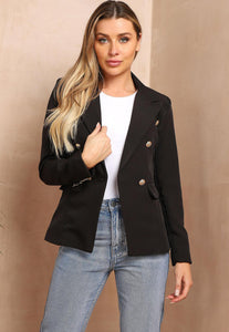 FITTED TAILORED DOUBLE BREASTED BLAZER JACKET - BLACK