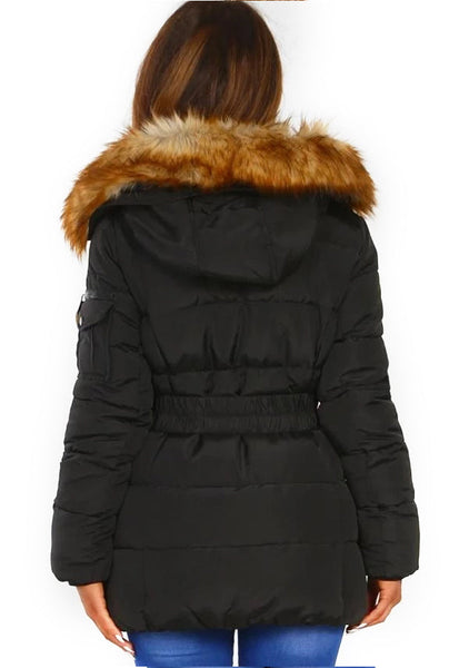 QUILTED BELTED BLACK FAUX FUR PADDED JACKET COAT